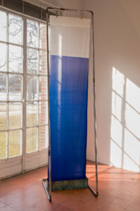 Blue Sky Dye, 2008-2009 dyed silk, chrome plated steel, copper, clothespins, and wire 104 1/4 x 32 x 27 1/2 in.