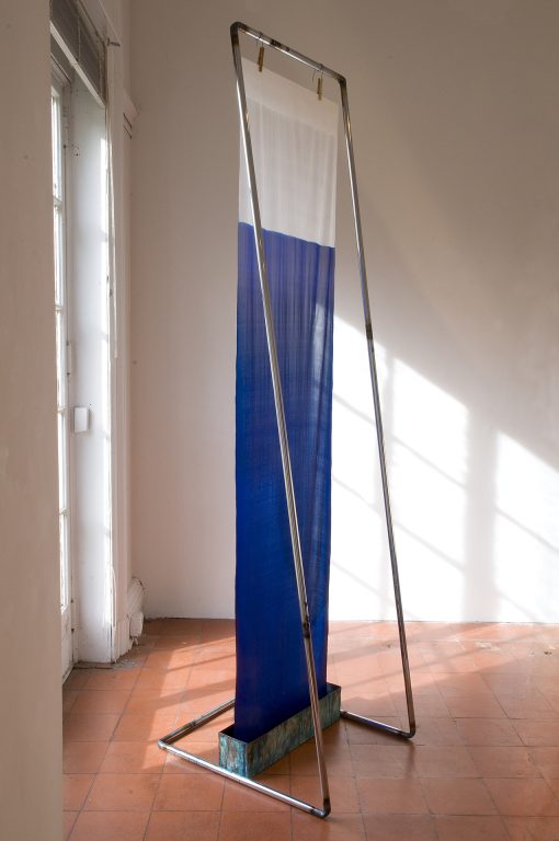 Blue Sky Dye, 2008-2009 dyed silk, chrome plated steel, copper, clothespins, and wire 104 1/4 x 32 x 27 1/2 in.